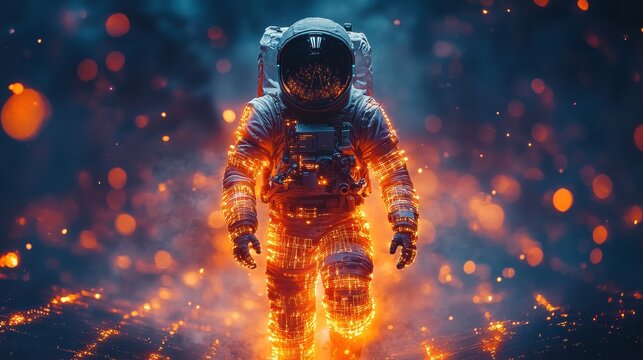 A digital astronaut travels through a cybernetic world where data and reality merge, surrounded by futuristic architecture and glowing circuits