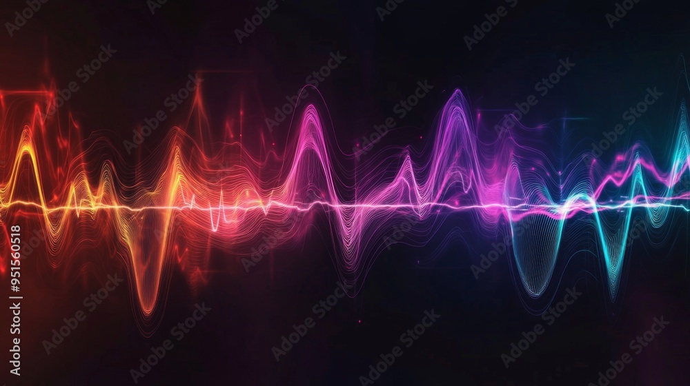 Poster An abstract representation of an ECG waveform with vibrant colors and smooth lines, set against a dark background for contrast.