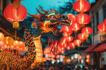 A colorful traditional Chinese dragon dance taking place on a street decorated