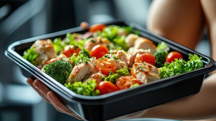 Close-up of chicken salad in black box held by sporty woman in gym, healthy food concept