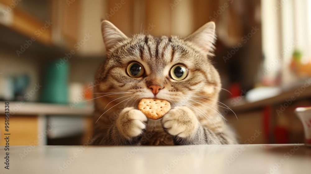 Poster An adorable image of a pudgy cat nibbling on a treat, with its playful eyes and chunky cheeks clearly visible, set in a bright and cheerful kitchen environment.