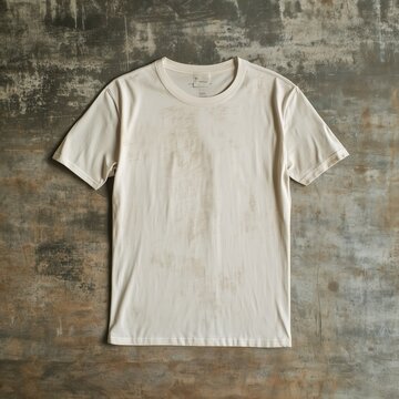 Blank natural t-shirt mockup in shubby grunge vintage style background. Short sleeve basic t-shirt laying on rustic floor mock up. Unisex adult tee, gender neutral casual tshirt mockup