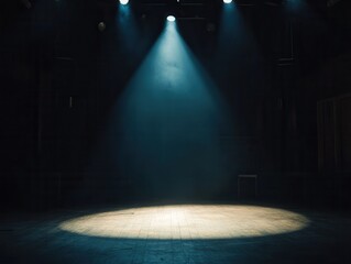Obraz premium Dramatic stage lighting with a spotlight illuminating the empty stage, creating an atmosphere for performance and creativity.