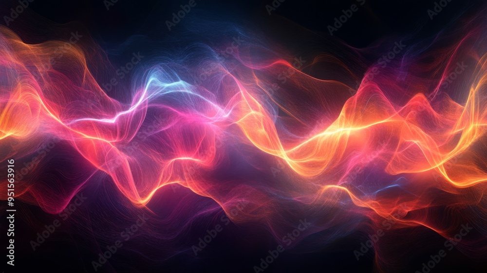 Poster An artistic representation of electric waves intertwining, creating a mesmerizing pattern of light and color on a dark, smooth surface.