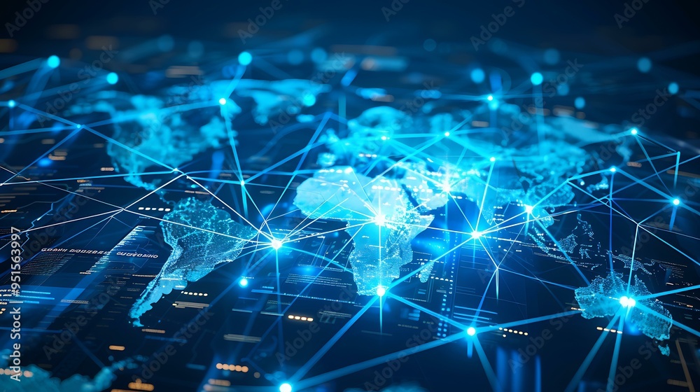 Poster a digital world map illuminated in blue with interconnected lines symbolizing data transfer and glob