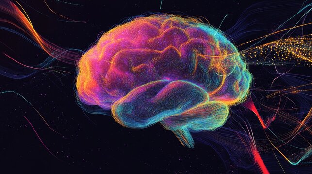 An artistic illustration of a brain with vibrant, colorful neural pathways glowing, symbolizing brain activity and cognitive processes against a dark background.