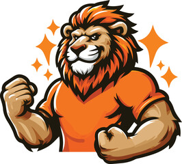 ion mascot clenching his fist, in a orange t-shirt, full body, flat design style 1