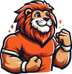 ion mascot clenching his fist, in a orange t-shirt, full body, flat design style 1