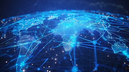 A futuristic digital network with a blue-toned world map at the center, showcasing global connectivity through bright, glowing lines and dots, set on a sleek cyber background