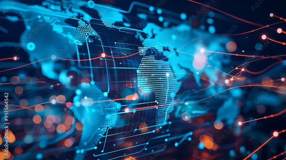 Poster A global network visualization featuring a glowing blue world map with dynamic data transfer lines and abstract digital patterns in the background, highlighting worldwide digital connections