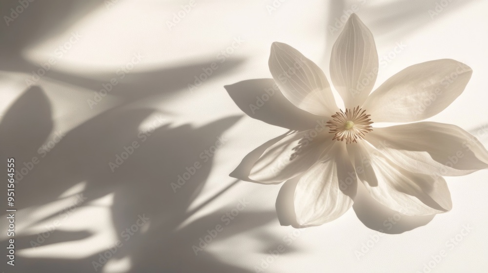Poster An artistic shadow of a flower with its petals cast on a white surface, creating a delicate and elegant design.