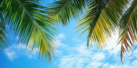 Fototapeta premium Coconut palm tree leaves and blue sky 