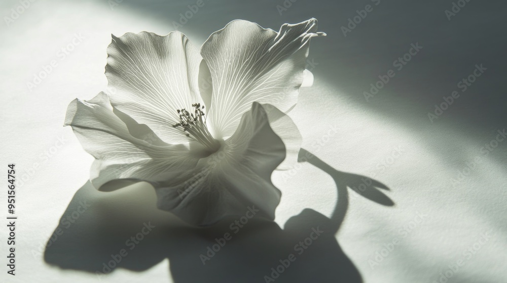 Poster An artistic shadow of a flower with its petals cast on a white surface, creating a delicate and elegant design.