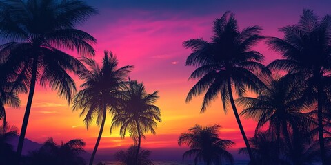 Palm trees silhouettes at colorful sunset background, gradient sunset palm trees wallpaper