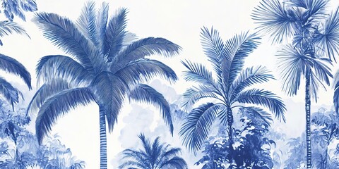 Blue and white wallpaper featuring detailed palm trees against a light background, creating a tropical ambiance