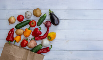 fresh vegetables and paper bag on white wooden background. Selective focus