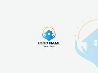 Home care logo design with a hand. Care house logo on blue gradient color. Sun. Real estate business logo design template. Bullding.