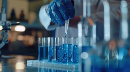 Scientist uses pipette to transfer blue liquid into test tubes in a laboratory environment, showcasing precision in research.
