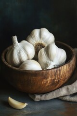 Garlic in Wooden Bowl on Table