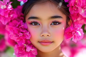 Naklejka premium Serene child amidst vibrant pink blossoms