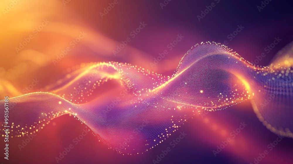 Poster An electric wave visualization with pulsating lines and light particles, set against a gradient background, symbolizing energy flow and frequency.