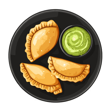 golden empanadas with green sauce on plate clip art preview