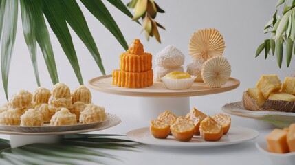 An elegant display of Thai traditional sweets like coconut custard and sweet potato cakes on a white background, showcasing the variety and beauty of Thai confectionery.