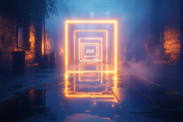 3D rendered tunnel with abstract construction structure and lights, A futuristic scene with glowing neon square frames with the text "2025" reflections on the floor. Happy new year concept