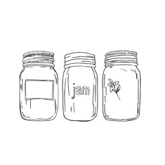 A set of fruit jam in glass jars. Vector minimalism flat illustration with free space. Isolated on a white background drawn with shit