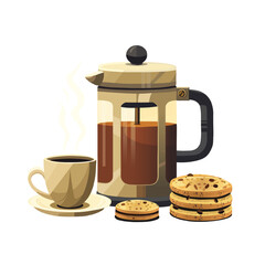 Breakfast time. Good morning with a cup of hot coffee and a geyser coffee maker. Hot drinks. Cookies