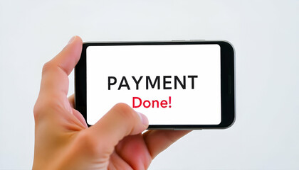A person's hand holding a smartphone displaying the text "PAYMENT DONE" with a checkmark icon