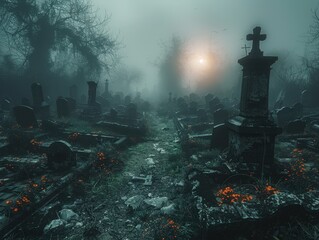 A haunting graveyard shrouded in fog, featuring weathered tombstones and an eerie atmosphere illuminated by a mysterious sun.