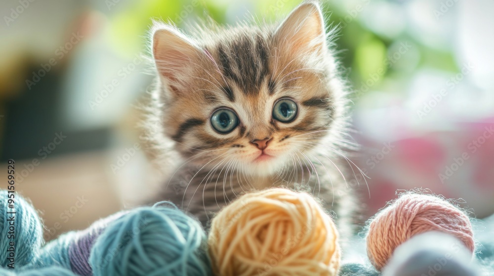 Poster an endearing photo of a kitten playing with a ball of yarn, with its playful antics and wide-eyed cu