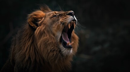 A majestic lion roaring in the wild, showcasing its powerful presence and vibrant mane against a dark background.