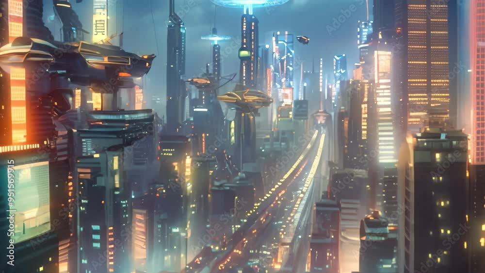 Poster cybersecurity operators work in a futuristic cityscape setting, monitoring networks and data streams