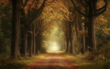 Misty city park path lined with towering trees in rich autumnal colors, dappled sunlight filtering through branches, fallen leaves carpeting the ground, ethereal atmosphere