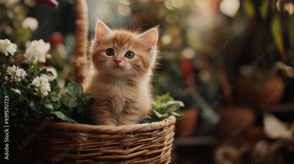 Poster an irresistibly cute photo of a kitten with a tiny, twitching nose, sitting in a flowerpot or basket
