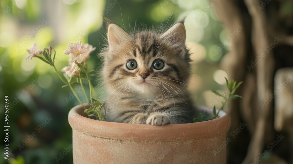 Poster an irresistibly cute photo of a kitten with a tiny, twitching nose, sitting in a flowerpot or basket