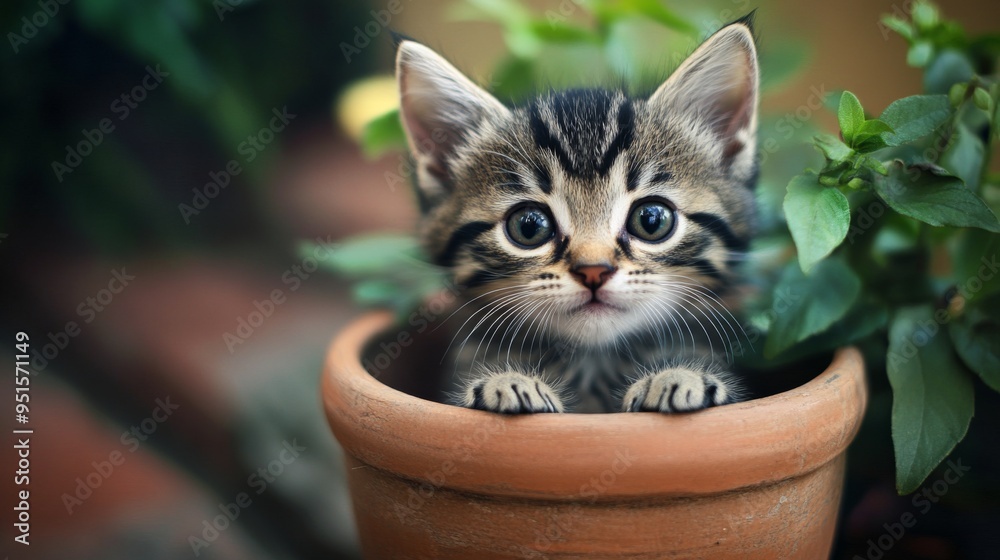 Poster an irresistibly cute photo of a kitten with a tiny, twitching nose, sitting in a flowerpot or basket