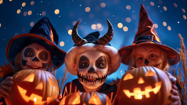 Three children dressed in vibrant Halloween costumes are joyfully holding carved pumpkins. They are surrounded by a magical atmosphere filled with lights, evoking the spirit of the holiday