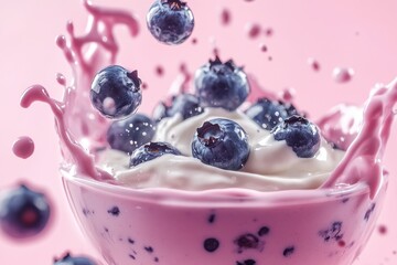 A delightful and energetic scene of fresh blueberries being dropped into a bowl of creamy