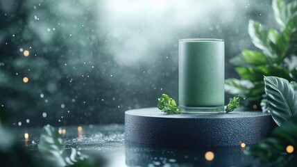 Green smoothie on a sea podium with a fantastical landscape and glowing lights.