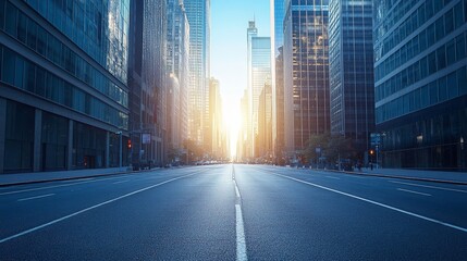 Pristine Empty Road Through Modern Cityscape at Morning Light
