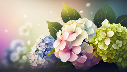Beautiful hydrangea bouquet isolated on multicolor blur bokeh background. Spring floral composition. Generated AI