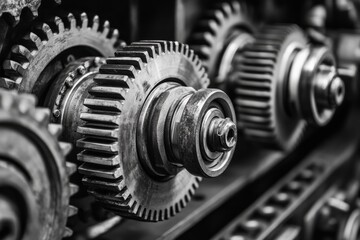 A detailed black-and-white close-up of industrial gears and machinery in motion