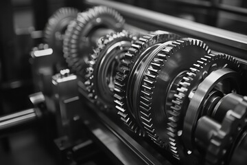 Fototapeta premium A detailed black-and-white close-up of industrial gears and machinery in motion