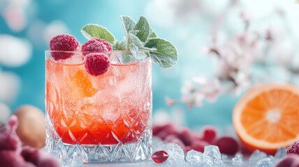 Mixed fruit juice on a crystal podium adorned with gemstone accents.