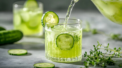 Cucumber juice being poured into a glass with cucumber rounds and fresh herbs around