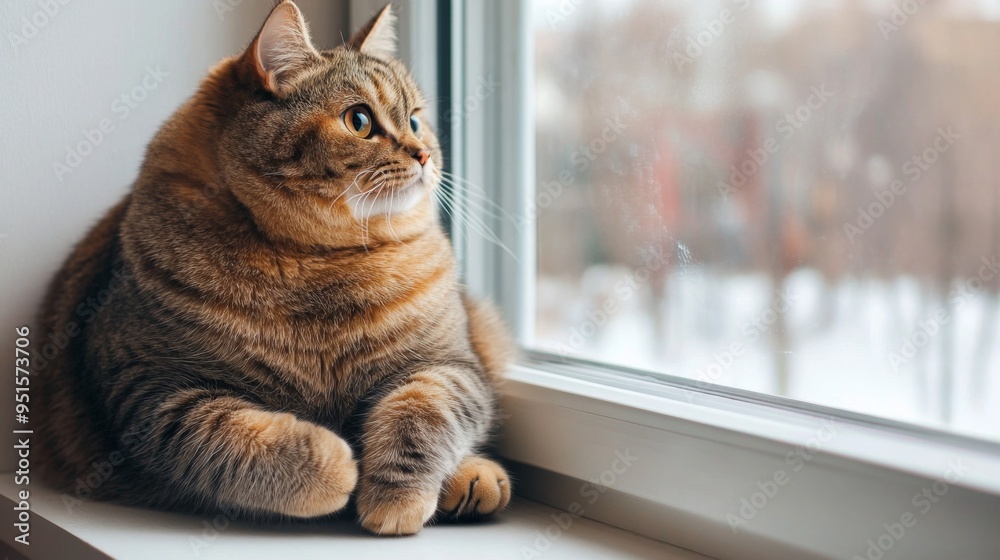 Aufkleber an overweight cat sitting on a windowsill, gazing outside with a curious expression, its round body 