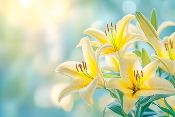 Obraz premium A delicate and beautiful image of yellow lilies in full bloom, flower background